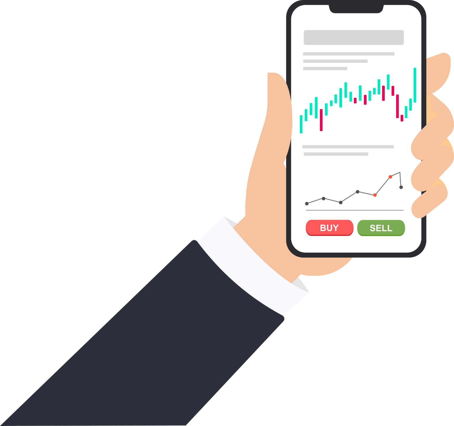 Human hand and smartphone with user interface of trading graph and buy and sell button.